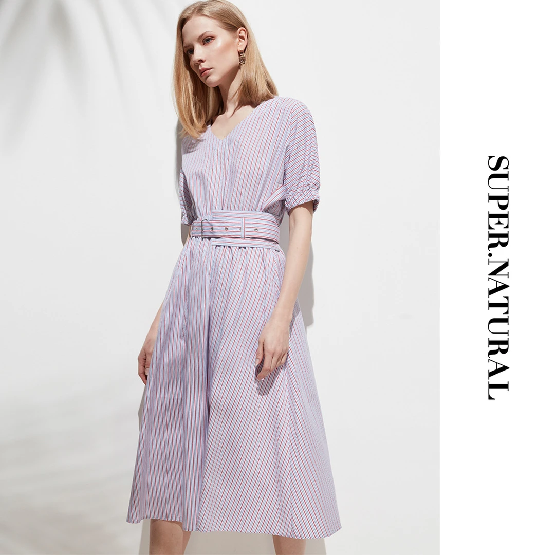 super.natural【XX49】女士条纹收腰长款简约时尚休闲连衣裙裙