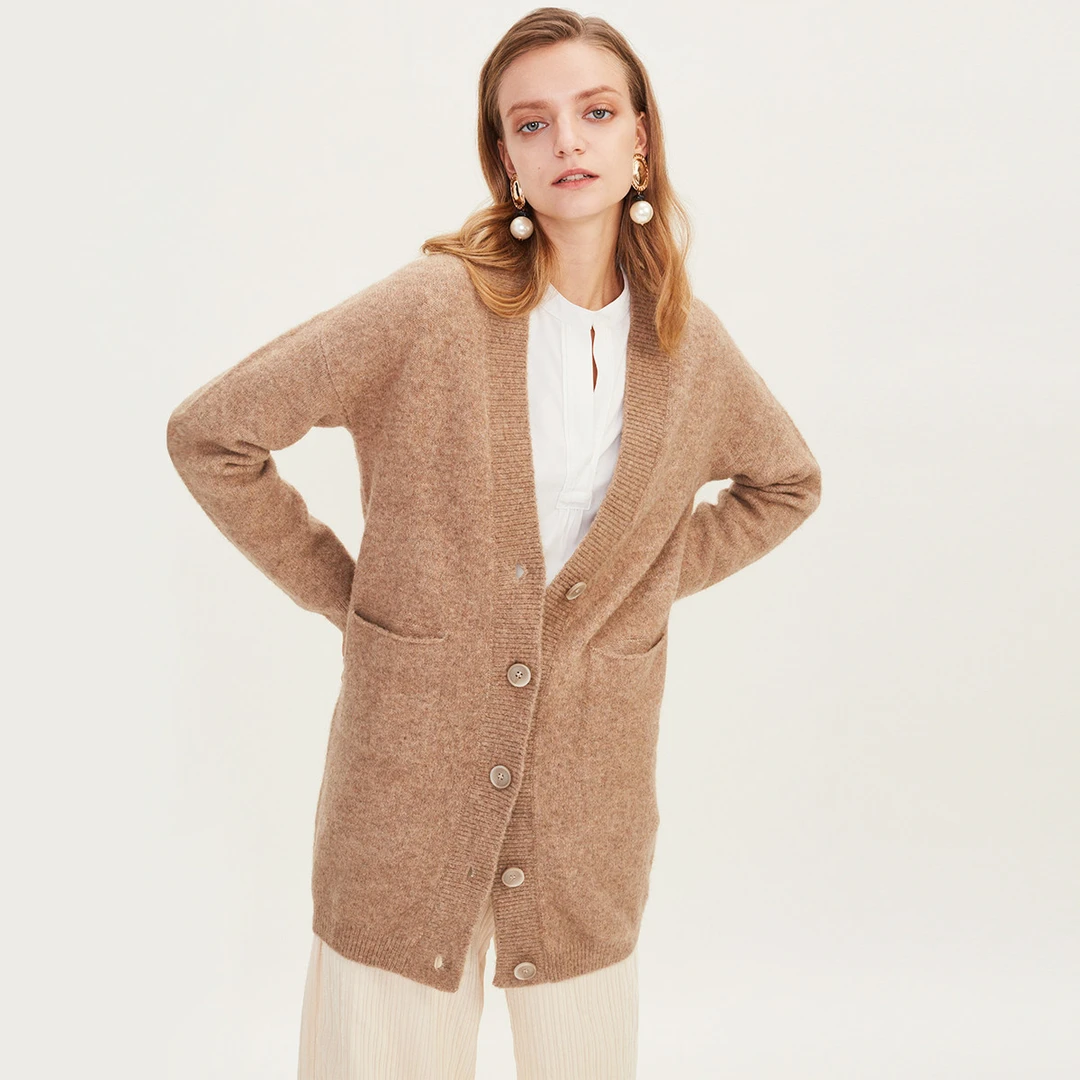 super.natural【TZ69】女士中长款V领毛衣大口袋单排纽扣开衫外套