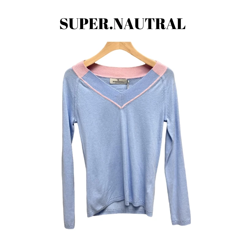 super.natural【MM317】女士撞色V领套头针织衫时尚休闲宽松针织衫
