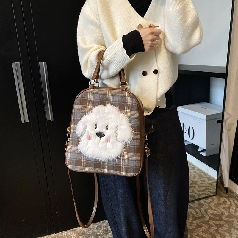 毛呢小狗大容量斜挎包包女2024秋冬新款手提包时尚百搭通勤双肩包