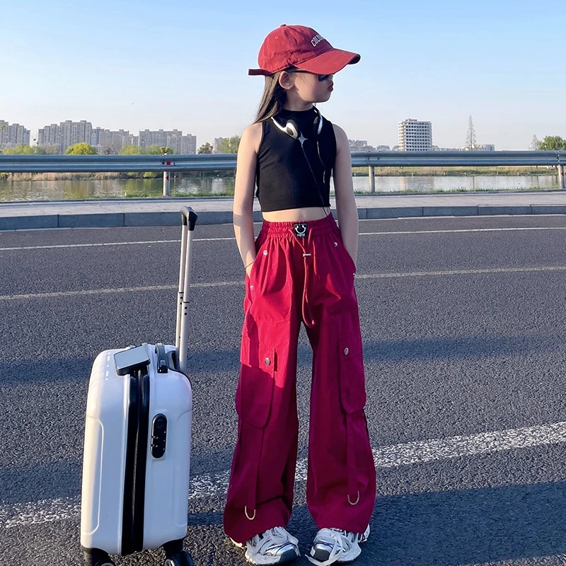 女童夏季原创设计工装裤2024新款纯色时尚百搭宽松中大童潮流阔腿