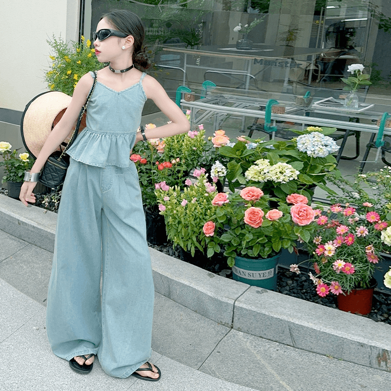 女童复古港风牛仔吊带薄款套装2024夏季新款宽松阔腿裤辣妹两件套