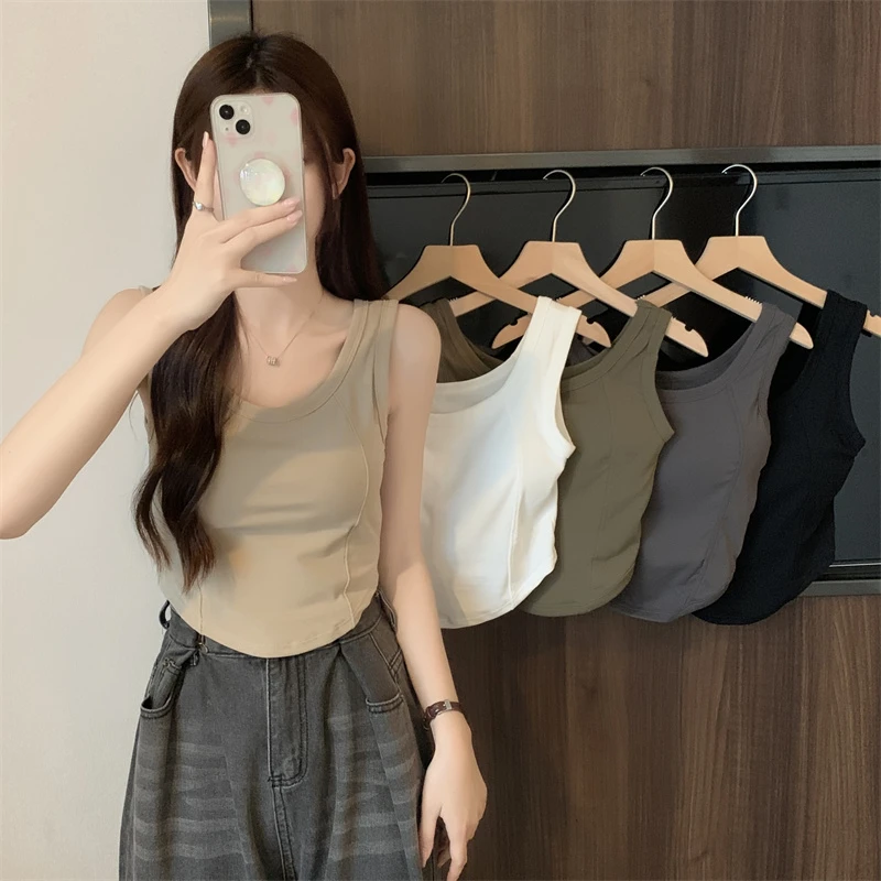 2024新款吊带小背心内搭白色宽边带胸垫一体外穿设计感纯欲风T恤