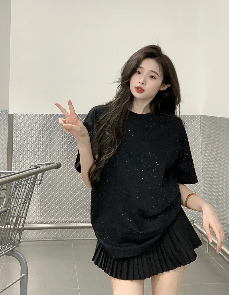 2024夏季韩版宽松上衣纯棉短袖t恤夏正肩满天星印花中长圆领上衣