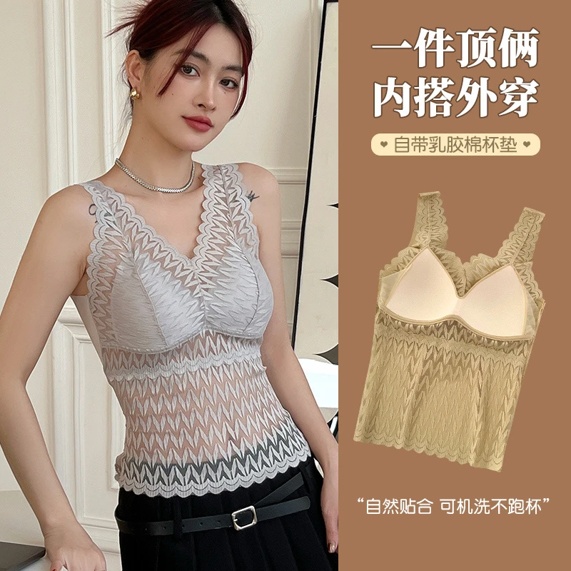 夏秋季镂空无痕蕾丝拼接宽肩吊带女士背心U型美背V领美衣一体外穿