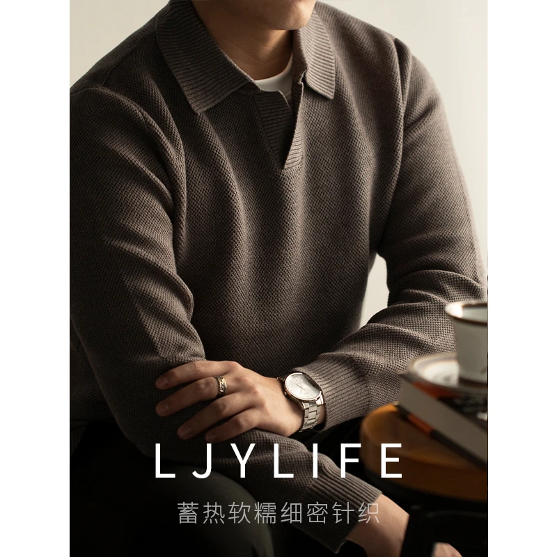 冷知识~这件保暖！粗针菠萝纹毛衣男修身翻领polo领针织男冬季厚
