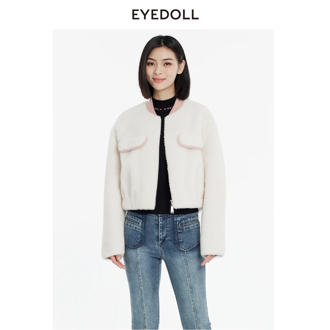 EYEDOLL冬季新款温柔白色绵羊毛短款毛呢外套