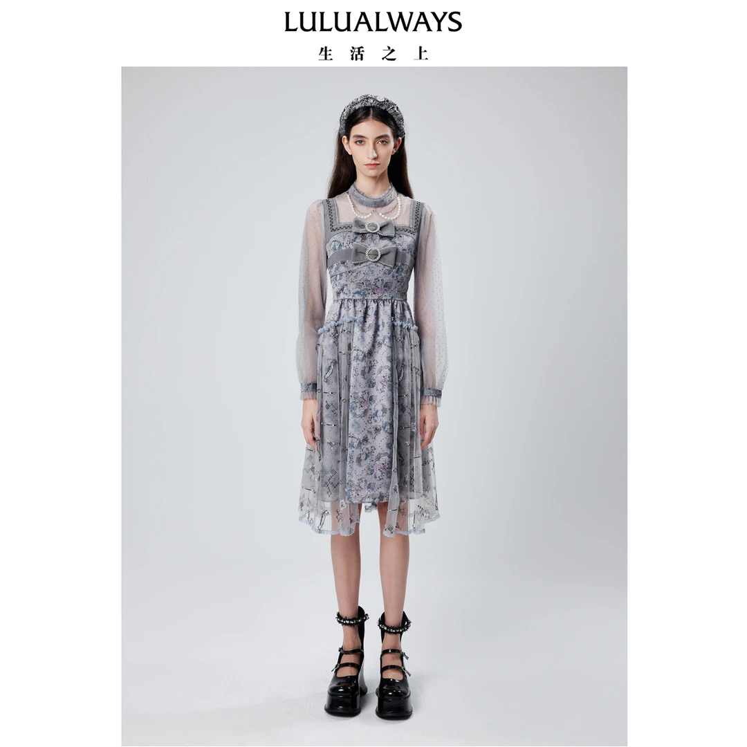 【高高甄选】LULUALWAYS秋季高贵LOGO提花高腰网纱装连衣裙