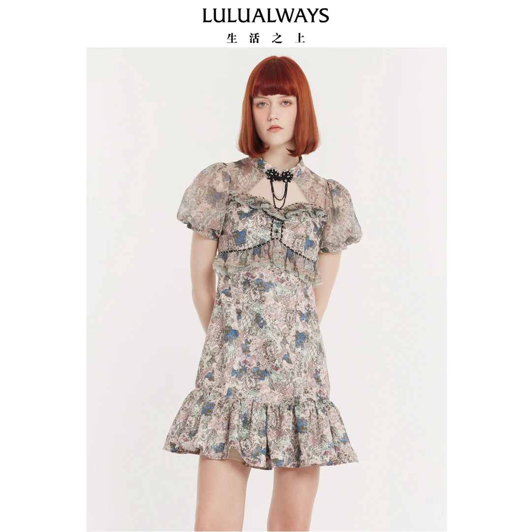 LULUALWAYS【尤莱特】24夏季优雅轻熟风重工盘扣高腰短款连衣裙