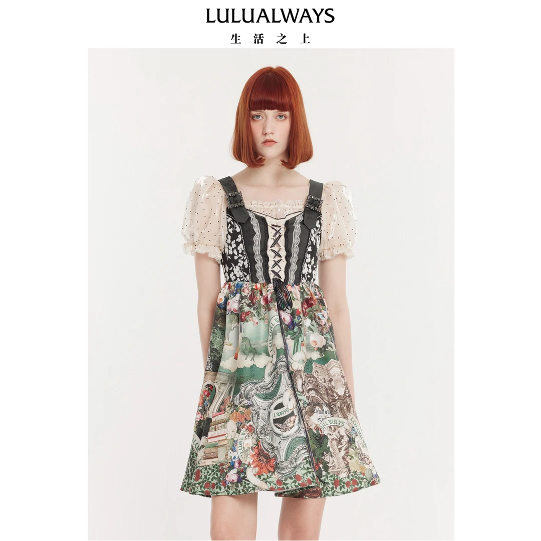 LULUALWAYS24夏季复古宫廷风印花绑带短款连衣裙