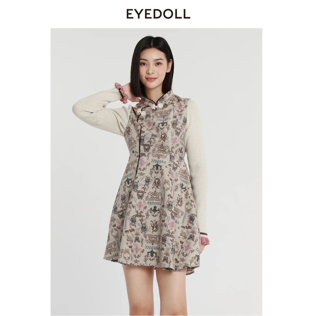 EYEDOLL【商场同款】23冬季新款端庄新中式立领盘扣短款连衣裙