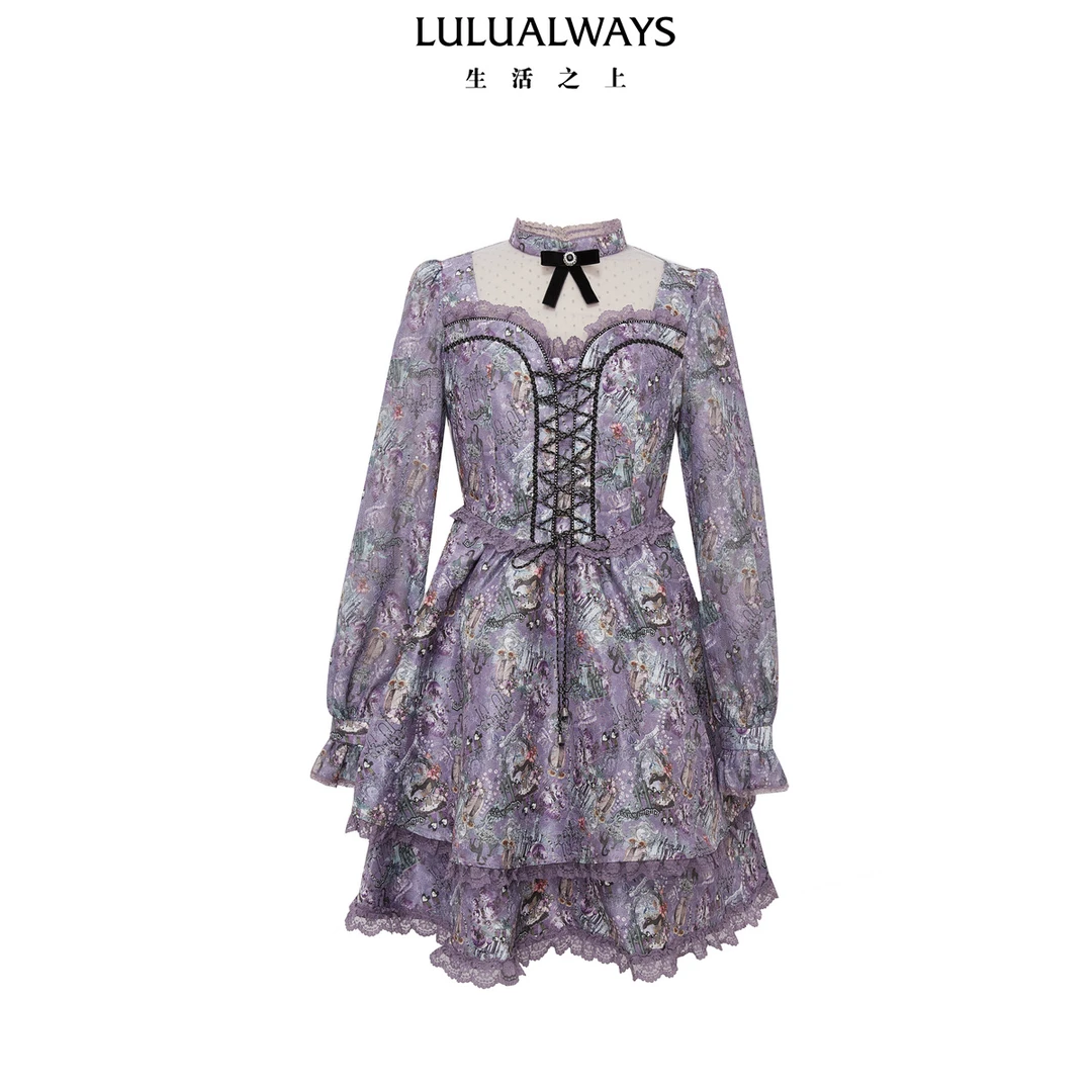 24冬季新款复古宫廷绑带设计感梦幻紫色连衣裙