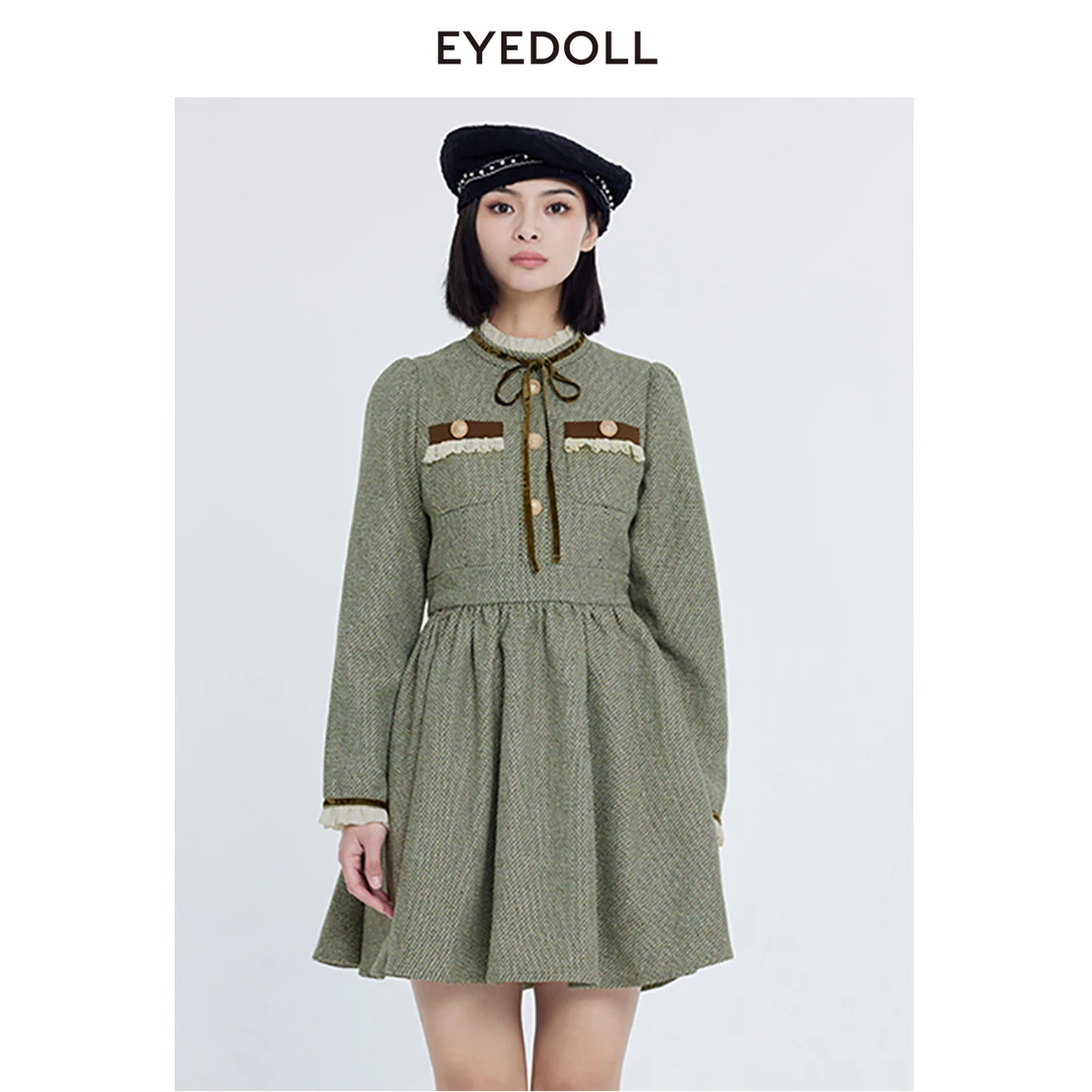 EYEDOLL【商场同款】秋季新款法式优雅花边立领小香风连衣裙