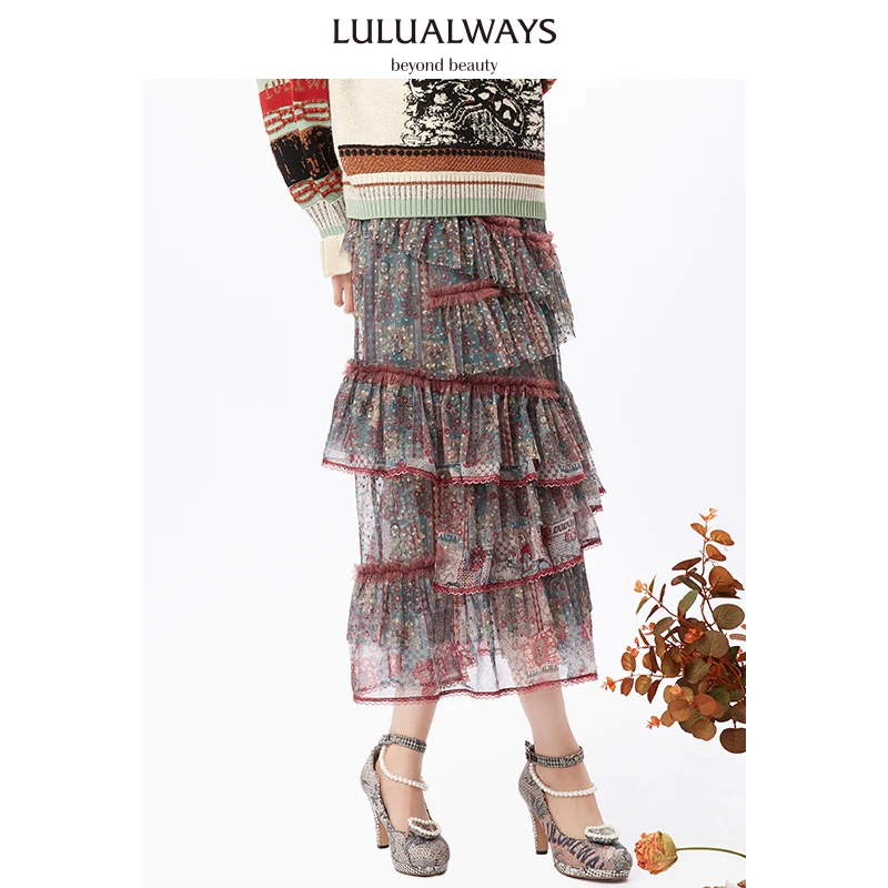 LULUALWAYS 冬季 复古气质网纱中长款半身裙 LMD4050