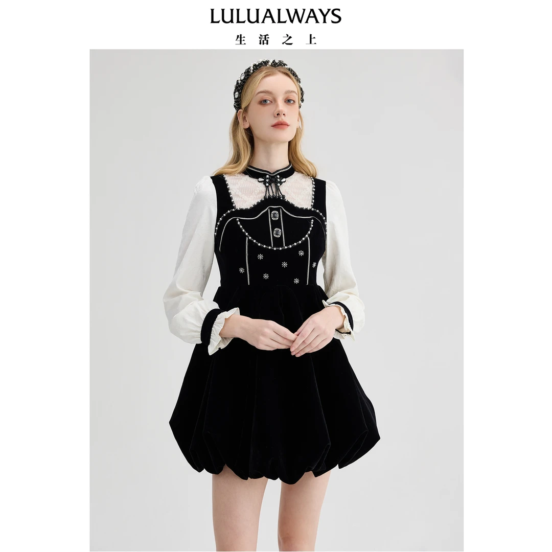 LULUALWAYS【商场同款】24冬季新款优雅经典黑白拼接连衣裙公主裙