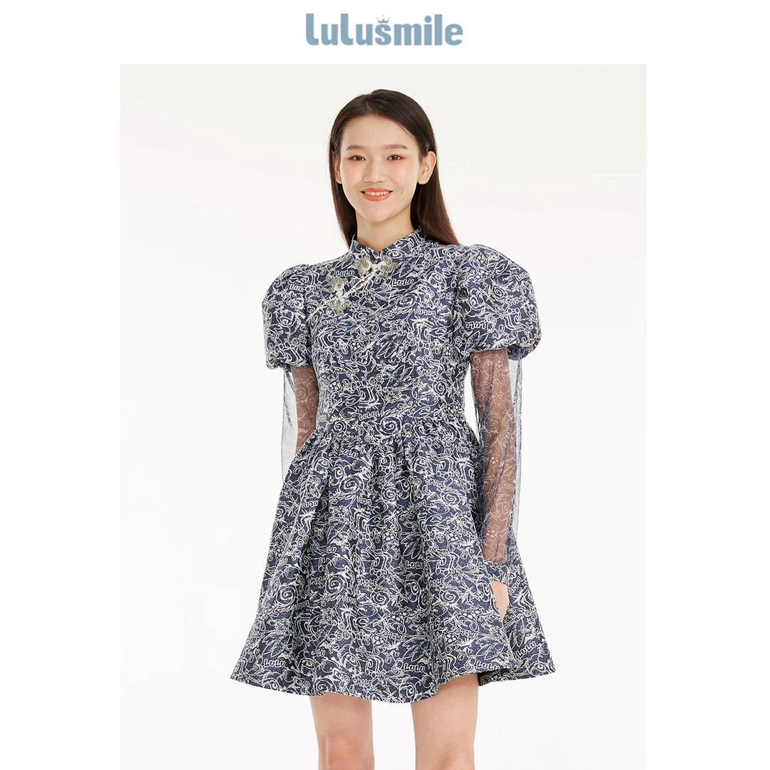 【老板娘夏天】lulusmile秋季新中式风藏青色泡泡袖连衣裙