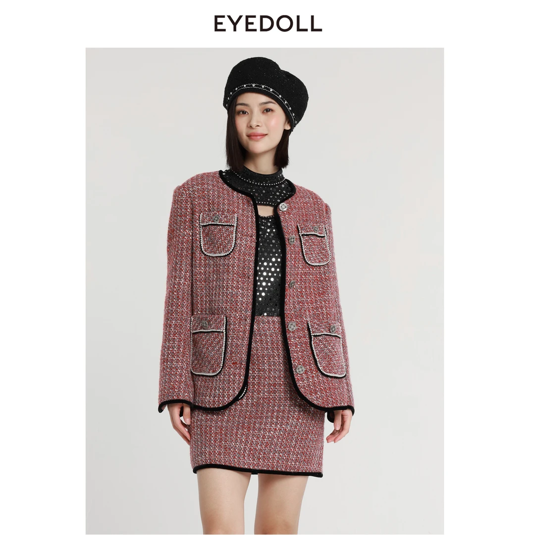 【高高甄选】EYEDOLL冬季新款单排扣圆领小香风外套