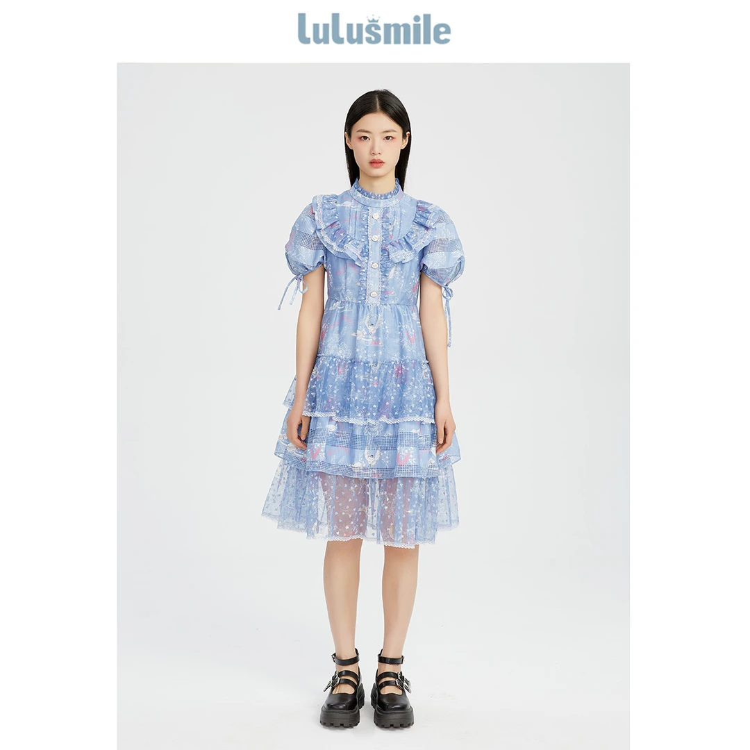 【高高甄选】lulusmile夏季新款木耳领网纱拼接连衣裙DNB5092