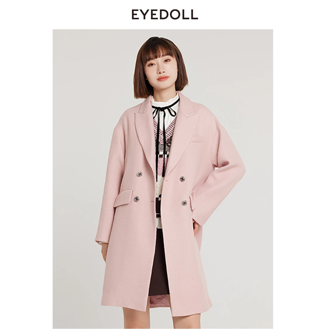 EYEDOLL24春季新款直筒中长款粉色毛呢外套