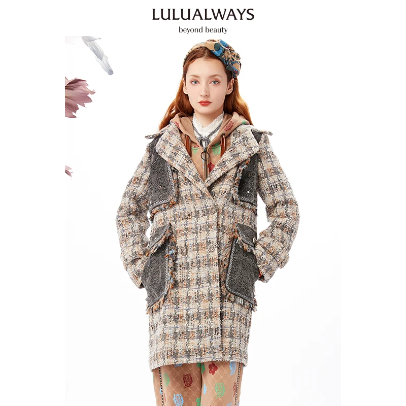 LULUALWAYS小香风牛仔毛呢大衣外套LMD6015