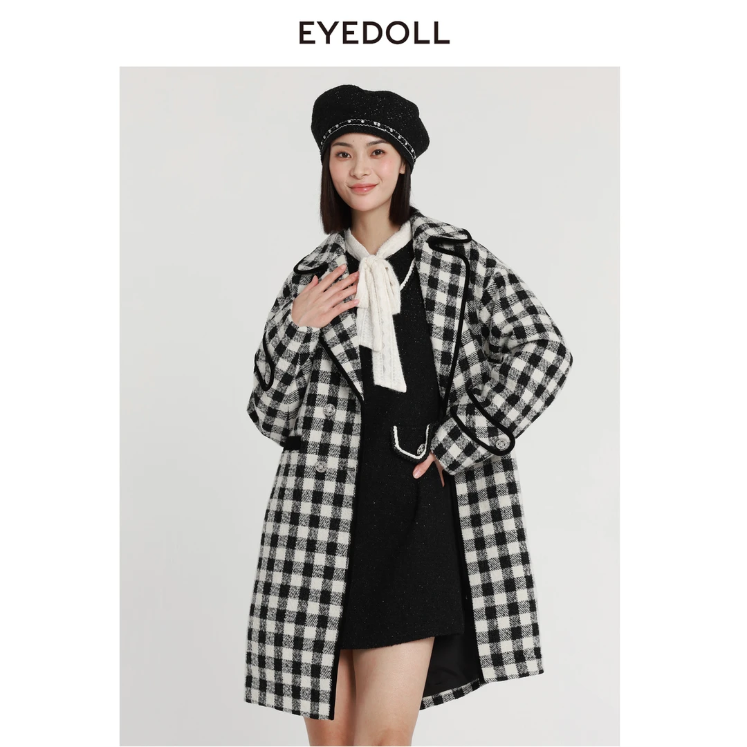 EYEDOLL【商场同款】23冬季新款时尚优雅黑白格子H型双排扣大衣