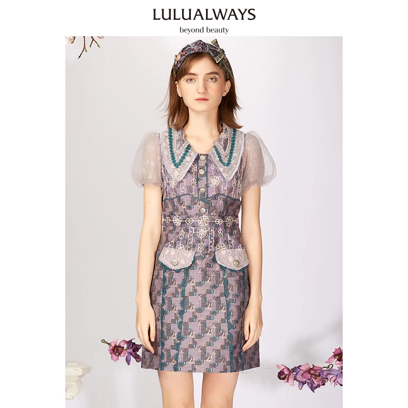 lulualways/我爱露露新款拼接蕾丝提花口袋连衣裙LMB5023