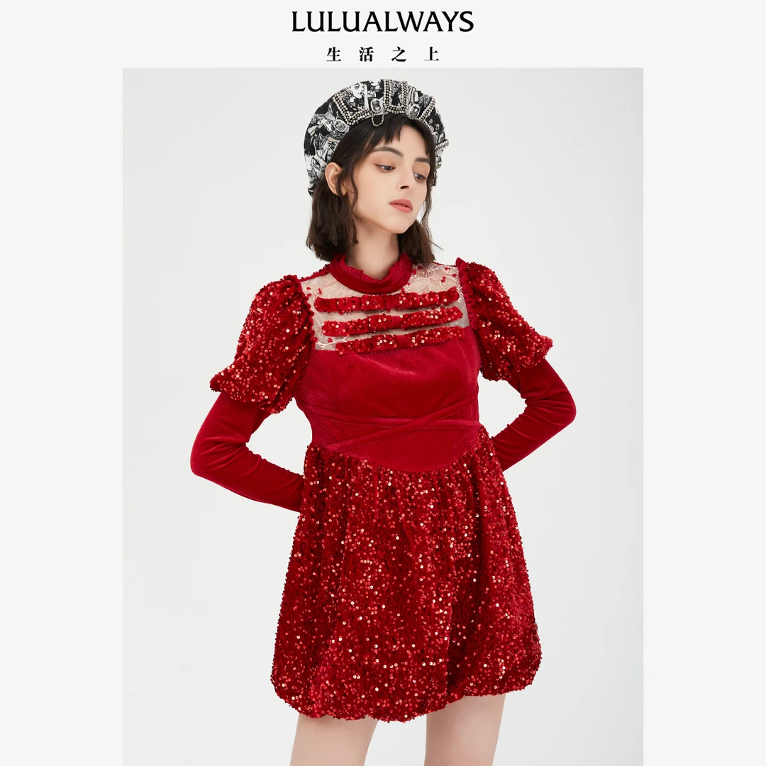 【高高甄选】LULUALWAYS新款珠片红色连衣裙舞台礼服裙LND5009