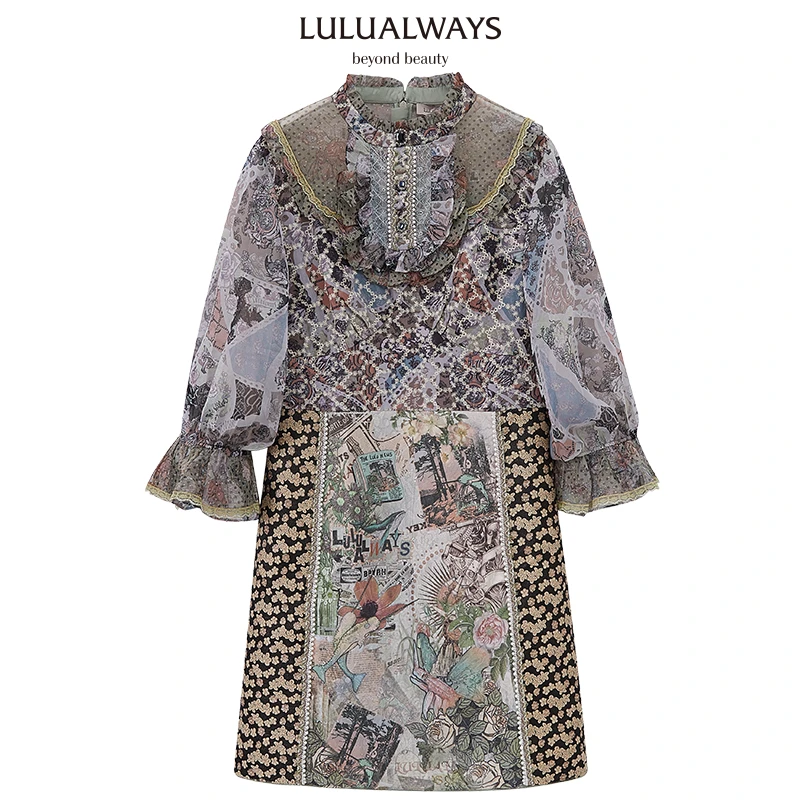 LULUALWAYS秋季复古绣花网纱提花女装连衣裙 LMC5045