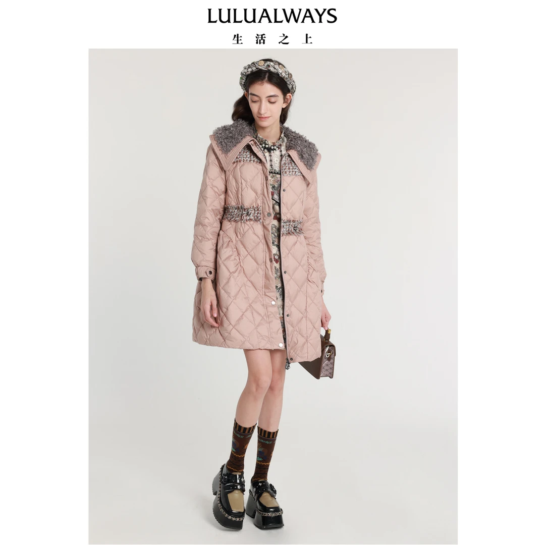 【丫头baby专属】LULUALWAYS冬季新款收腰显瘦粉色中长款羽绒服