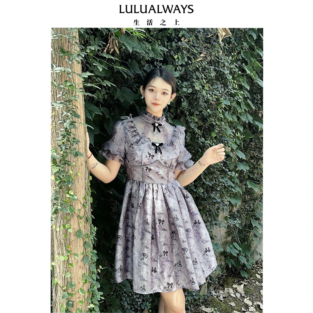LULUALWAYS法式蝴蝶结泡泡袖短款连衣裙