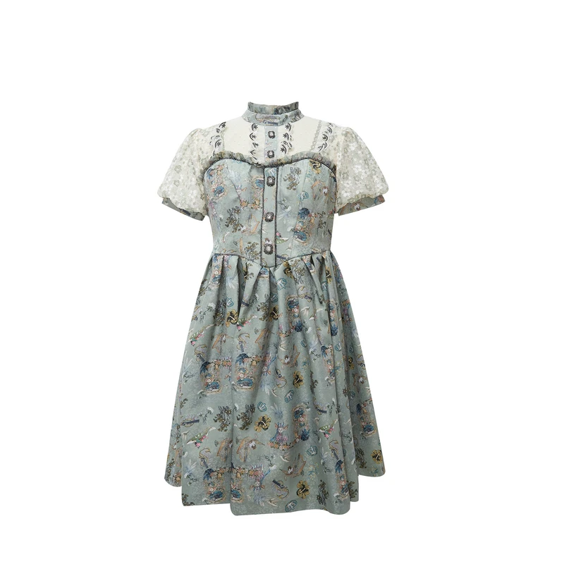 LULUALWAYS24夏季短款复古法式拼接短款高腰女装连衣裙