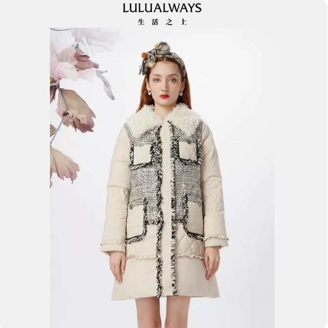 LULUALWAYS冬简约优雅千鸟格中长羽绒服LMD8018 新年