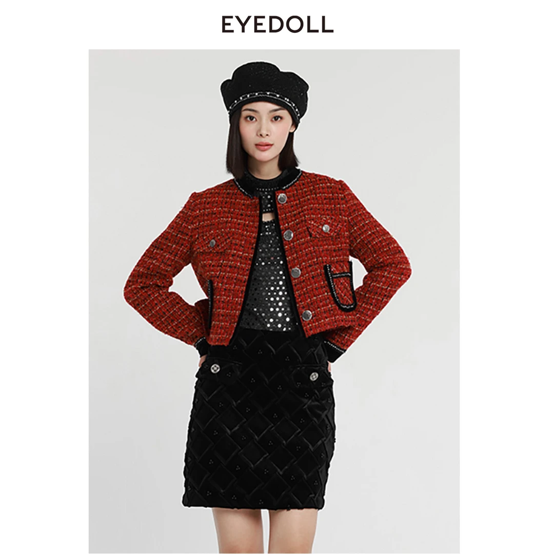EYEDOLL【商场同款】23冬季新款优雅时尚新年红短款小香风外套