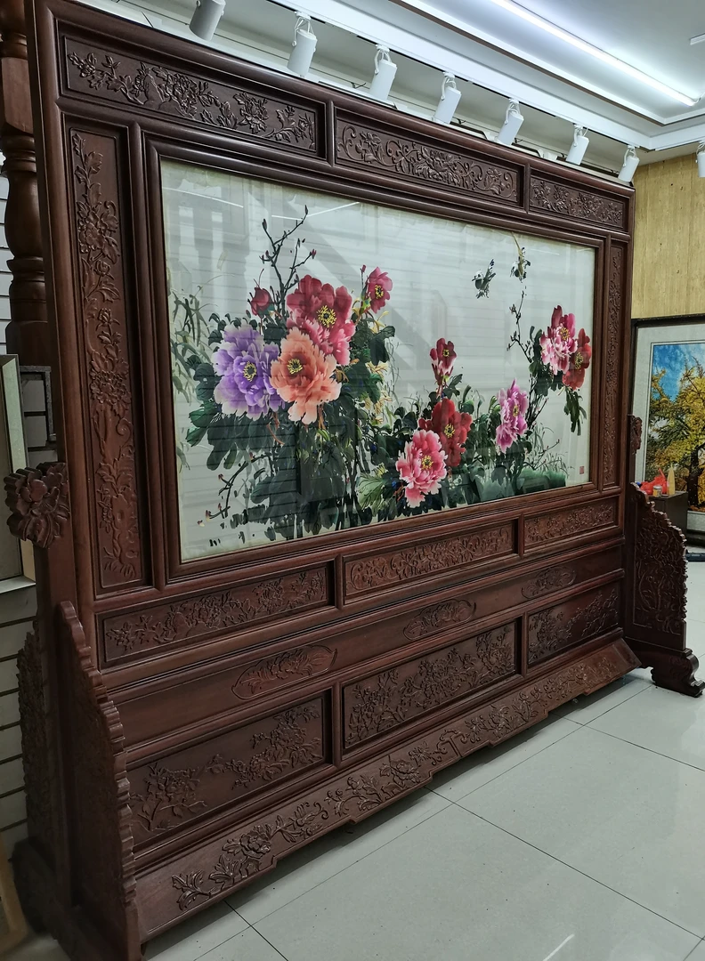 《花开富贵》-纯手工苏绣双面精品红木落地屏风隔断220*270CM