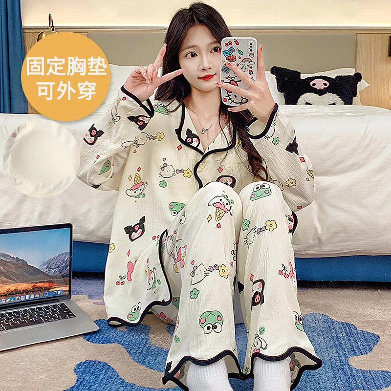 2024春秋新款带胸垫睡衣女款出门款爆款外出洋气可外穿家居服套装