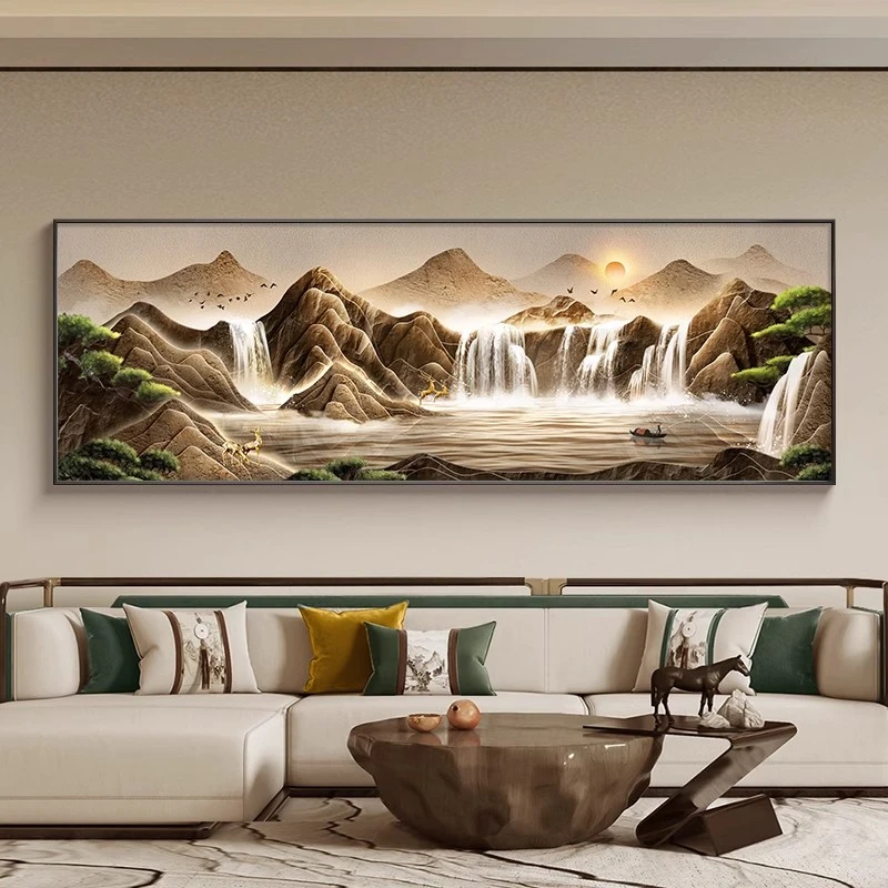 聚宝盆山水画客厅挂画新中式沙发背景墙装饰画大气高档聚财靠山图