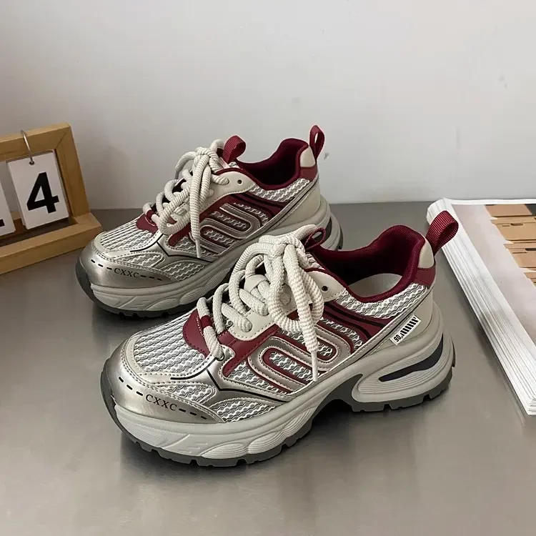 欧货软皮厚底拼色老爹鞋女ins潮2024春款网面透气百搭休闲运动鞋