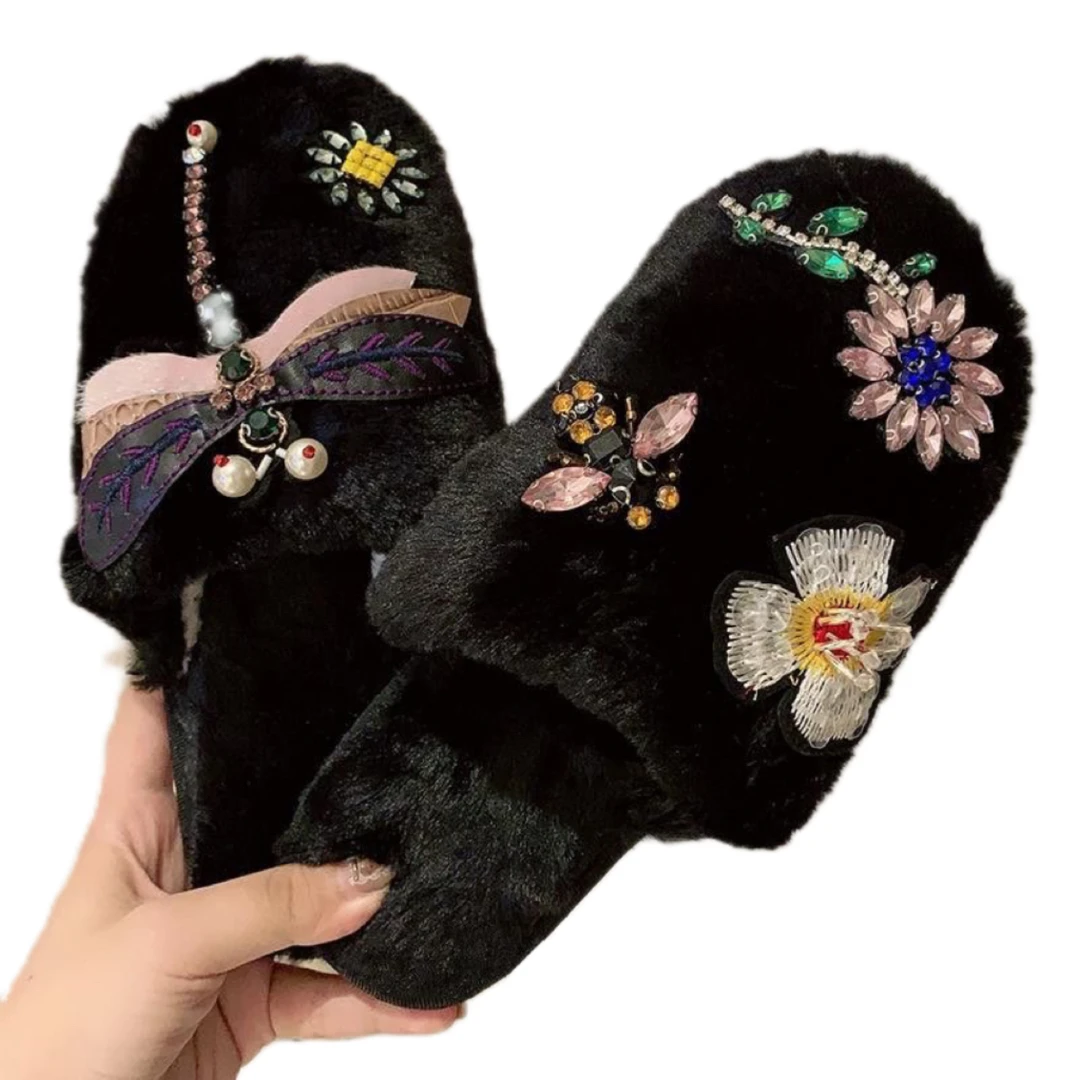 SS小欢喜海清同款高定超闪水钻居家毛毛棉拖鞋室内