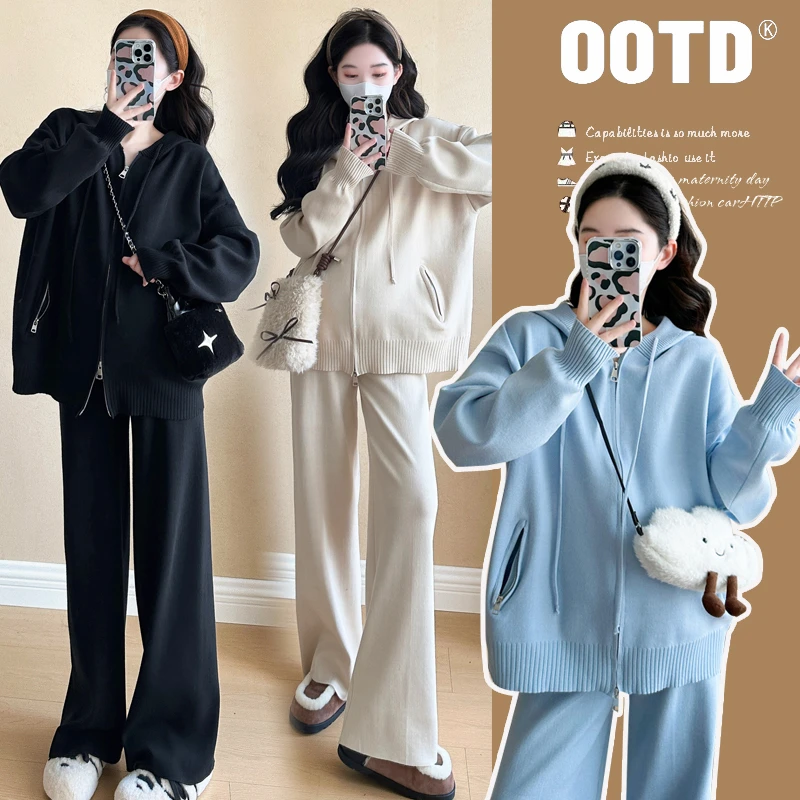 孕妇装秋冬软糯亲肤连帽毛衣休闲款双连衣裙拉链时尚毛衣宽松套装