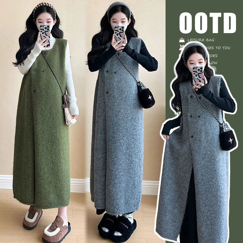 孕妇装春秋冬半高领毛衣连衣裙+毛衣马甲长裙 孕妇套装