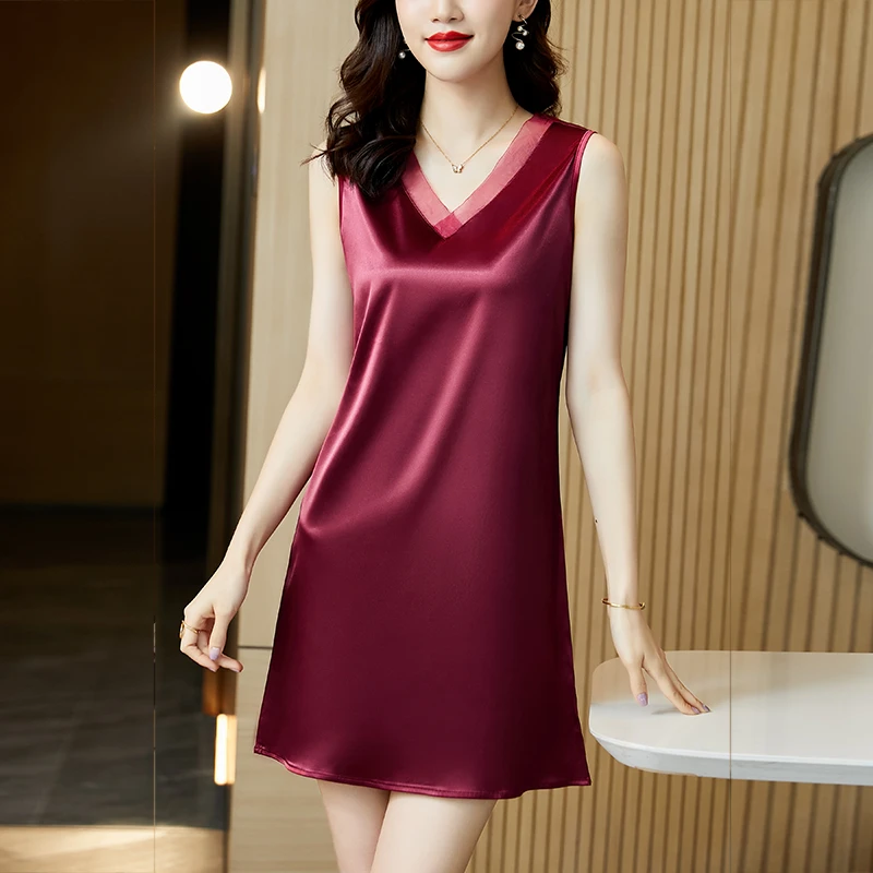 2025年新款弹力缎面拼接网纱修身显瘦内搭外穿吊带裙