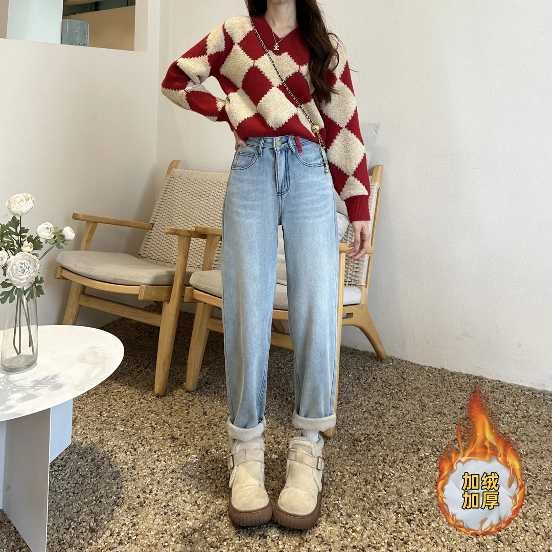 6739设计感老爹牛仔裤女冬季小个子加绒加厚高腰宽松哈伦裤Q