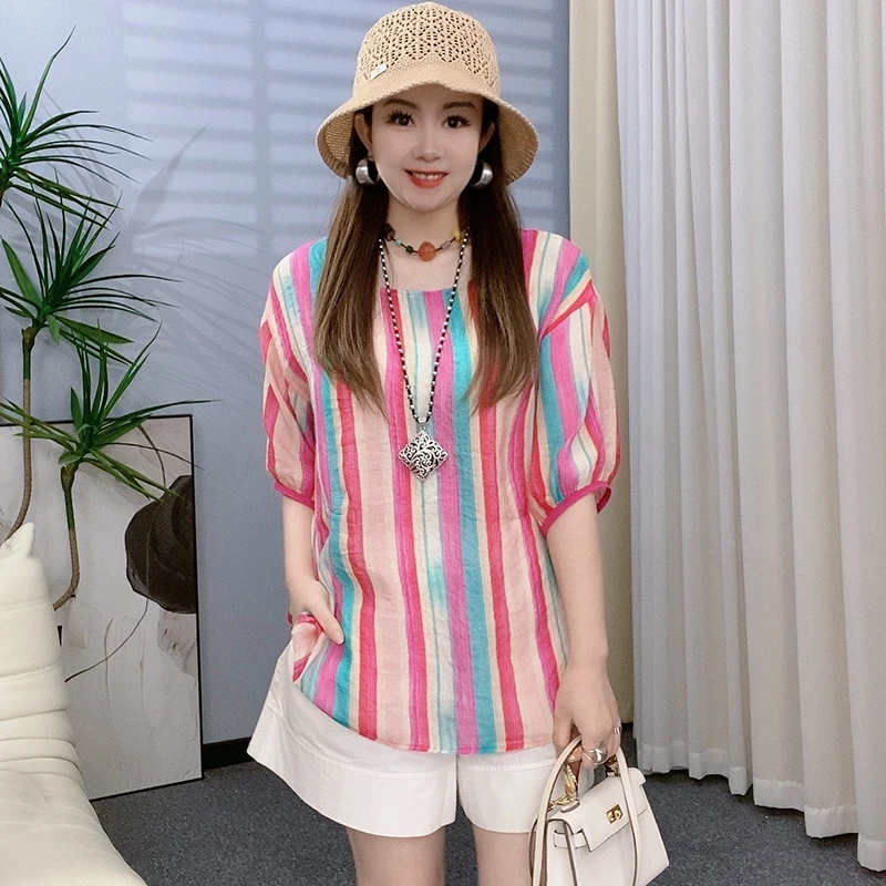 时尚百搭条纹套头衬衫女短袖2024年夏季新款宽松显瘦印花小衫上衣