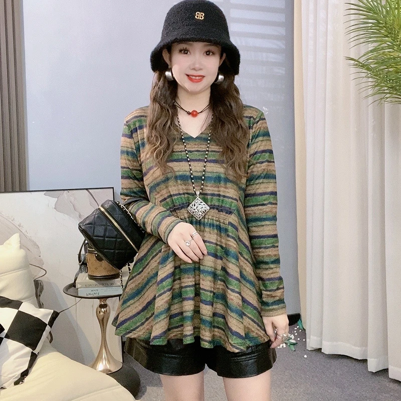 2024秋冬新款气质V领加绒打底衫女时尚百搭条纹保暖上衣洋气小衫