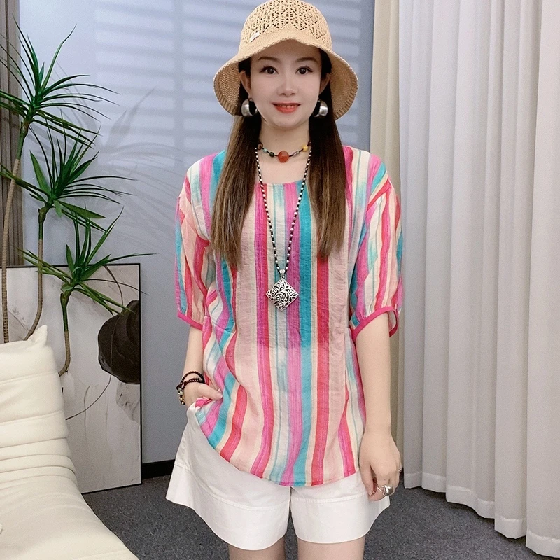 时尚百搭条纹套头衬衫女短袖2025年夏季新款宽松显瘦印花小衫上衣