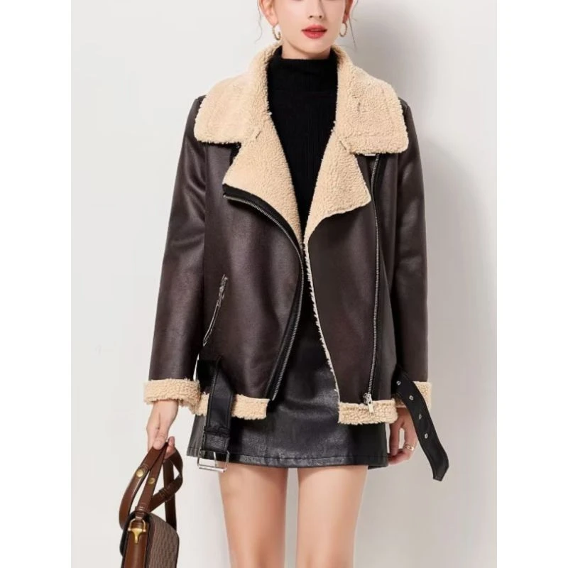 欧美外贸跨境女装2023秋冬新款立领斜拉链中长款皮毛一体保暖外套