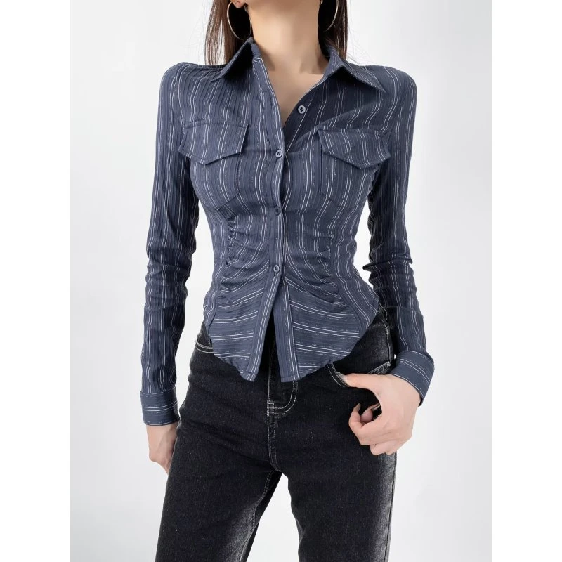 美式复古条纹衬衫女2024春季款纯欲风设计感收腰显瘦辣妹长袖上衣