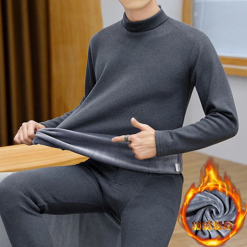 男士圆领秋衣秋裤加绒加厚冬季新款防寒保暖内衣特厚套装上衣裤子