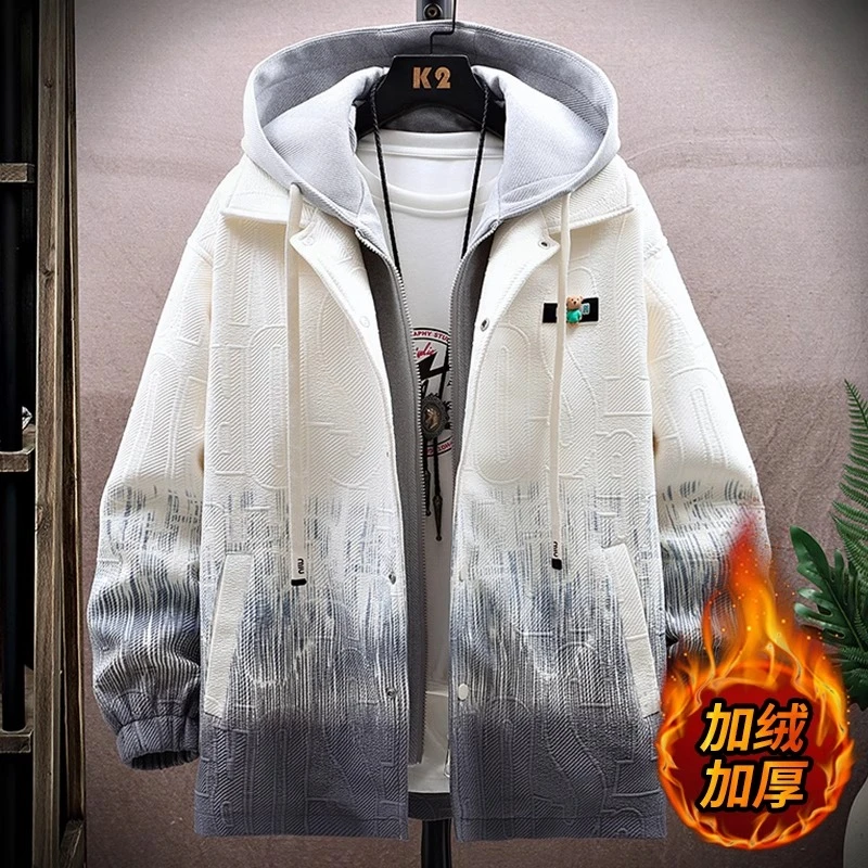 假两件连帽外套男秋冬季加绒加厚夹克男青少年渐变印花保暖派克服