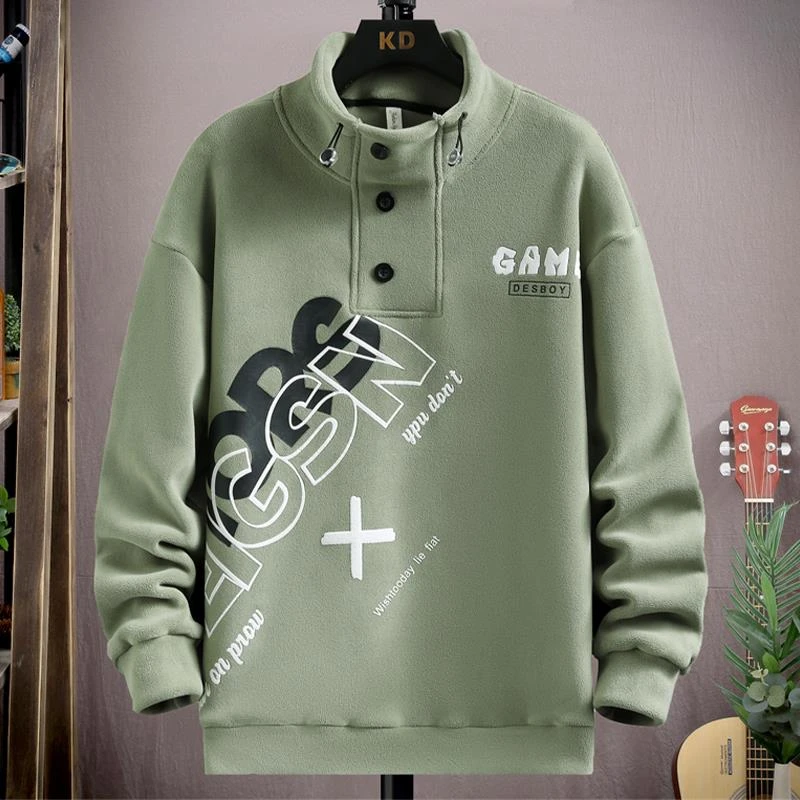 半高领加绒卫衣男秋冬款摇粒绒保暖外套潮牌立领奥粒绒打底套头衫